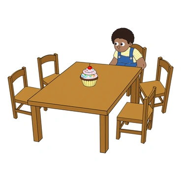 A small wooden table with a polished surface, featuring a single colorful cupcake topped with swirls of bright frosting and a cherry on top. A young child with curly hair and big, wide eyes is sitting on a chair, gazing intently at the cupcake with an expression of wonder. The child is wearing a striped shirt and denim overalls. Surrounding the table are several empty chairs, arranged neatly but unoccupied, creating a sense of anticipation and focus on the cupcake in front of the child.