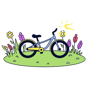 A recumbent bike with a sleek design is parked on the soft green grass of a vibrant meadow. The bike features a comfortable seat and long handlebars. Surrounding the bike is a colorful array of blooming wildflowers in various shades of yellow, purple, and red. The wildflowers sway gently in the breeze, adding a lively touch to the serene meadow setting. Small patches of sunlight filter through, illuminating the flowers and casting soft shadows on the ground.