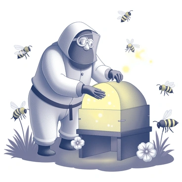 A figure resembling Hagrid is dressed in a beekeeping suit, complete with a protective veil and gloves. He is tending to a large, intricately designed beehive that emits a soft glow, indicating the presence of magical bees. Surrounding the beehive are several large, whimsical bees with unique patterns on their bodies, hovering gently in the air. Hagrid's face shows a look of concentration as he carefully inspects the hive, ensuring the bees are healthy. The scene is set in a lush garden with oversized flowers and greenery, providing a vibrant backdrop for this magical interaction.