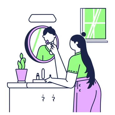 A girl is standing in front of a mirror, applying lipstick in a bright bathroom. She has long hair pulled back into a neat bun and is wearing a casual outfit. The bathroom features a minimalistic design, with white walls and a simple sink. There is a small potted plant on the countertop beside a compact mirror. The sunlight streams in through a window, illuminating the space and creating soft shadows around her.