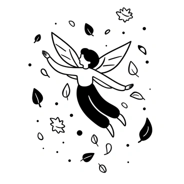 A fairy with delicate wings resembling autumn leaves is depicted in mid-flight, surrounded by a flurry of falling leaves. The wings are intricately detailed, showcasing the textures and patterns found in real leaves. The fairy's body is elegantly poised as she navigates through the air, her silhouette framed by the swirling leaves around her. Various shapes and sizes of leaves drift downward, creating a dynamic sense of motion in the scene. The background features a soft gradient of leaf shapes to enhance the feeling of an autumn atmosphere.