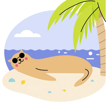 Une loutre mignonne, allongée sur le sable d'une plage, se repose confortablement sous un grand palmier. Elle porte des lunettes de soleil noires et a un sourire détendu sur son visage. En arrière-plan, des vagues douces viennent s'échouer sur le rivage, et quelques petites coquillages sont éparpillés autour d'elle. Un ciel bleu clair avec quelques nuages blancs cotonneux complète le paysage.