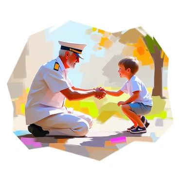 A veteran in a military uniform, with a weathered face and a proud expression, is kneeling down to shake hands with a young child. The child has bright eyes and an eager smile, wearing a simple t-shirt and shorts. The handshake is firm yet gentle, embodying a connection filled with respect and gratitude. In the background, there are hints of a park setting with green grass and a few trees, creating a warm and inviting atmosphere. The sunlight casts gentle shadows, enhancing the heartwarming moment shared between the two.