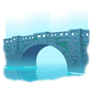 An old stone bridge with intricate carvings on its pillars, covered in patches of moss. The bridge arches gracefully over a river, its edges barely visible due to the thick fog enveloping the scene. The fog creates an ethereal atmosphere, obscuring the far end of the bridge, which seems to vanish into the unknown. Dim light filters through the fog, casting soft shadows on the bridge's surface. A hint of water below adds to the mysterious ambiance, with gentle ripples barely discernible.