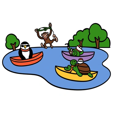 A river flowing gently with various colorful rafts floating on its surface. Each raft carries a unique character. One raft has a cheerful penguin wearing a red scarf and sunglasses, another raft holds a playful monkey swinging from a vine, and a third raft features a wise old turtle wearing a small sailor hat. The scene is lively, with bright blue water and green trees lining the riverbank. Each character is animated, smiling and enjoying their time on the river, creating a sense of joy and adventure.
