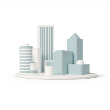 A city skyline featuring a few tall buildings with clean lines and geometric shapes. The buildings are varying heights, standing against a clear sky. The tallest building has a rectangular shape with a glass facade, while another building is slightly shorter with a rounded top. The scene includes a minimalistic design with no additional elements surrounding the skyline, creating a focused view of the architecture.