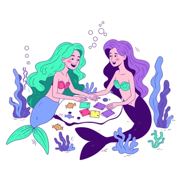 Two mermaids with flowing hair are sitting at a coral table under the sea. One mermaid has a vibrant teal tail and long, shimmering green hair, while the other has a deep blue tail with wavy purple hair. They are both focused on a spread of colorful playing cards laid out on the coral surface. Surrounding them, small fish swim by, and various sea plants sway gently in the water currents. Bubbles rise from their laughter, creating a lively atmosphere in this underwater scene.