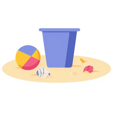 A bright blue potty is placed on a sandy beach. The sand is light yellow and has various seashells of different shapes and colors scattered around. A colorful beach ball, featuring red, yellow, and blue sections, rests nearby on the sand, adding a playful element to the scene. The sun casts soft shadows on the beach, enhancing the cheerful atmosphere.
