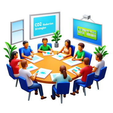 A community workshop setting filled with residents collaborating on plans to reduce CO2 emissions. There are tables with charts and graphs displaying data related to emissions. Some residents are writing on large sheets of paper with green markers, while others are engaged in discussion. A projector displays a vibrant slide showing "CO2 Reduction Strategies." People of various ages and backgrounds are present, showcasing a diverse group working together. Various plant decorations are placed around the room, emphasizing an eco-friendly theme. Bright natural light streams through windows, creating an inviting atmosphere for teamwork.
