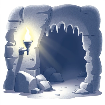 An ancient torch emits a warm glow at the entrance of a dark cave. The torch is mounted on a rough stone wall, surrounded by jagged rocks. Shadows flicker and dance across the cave walls, creating an intricate pattern of light and dark. The entrance reveals a mysterious, yawning chasm leading further into the depths of the cave, with the faint outlines of stalactites visible above. The atmosphere is filled with an air of intrigue and age.