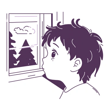Close-up of a child's face with expressive, sad eyes looking out a window
