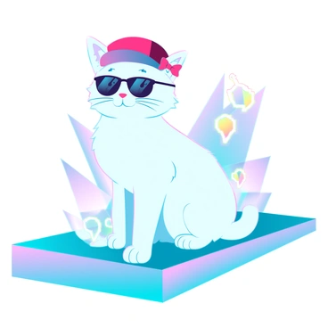 A fluffy white cat with bright blue eyes is posing in front of a camera on a shiny, reflective surface. It is wearing a tiny red hat adorned with a small bow and stylish black sunglasses that cover its eyes. The cat sits upright, with its tail curled around its body, giving an expression of confidence as if preparing for a social media post. Soft, ambient lighting highlights the cat's fur, creating a cheerful atmosphere. A small backdrop featuring colorful geometric patterns adds a playful touch to the scene.