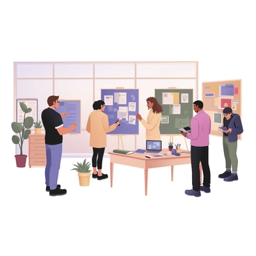 A digital flat illustration of a bright and spacious creative studio. There are multiple team members engaged in discussion, standing around large, colorful project boards mounted on the wall. One team member, a woman with curly brown hair, is pointing at a blue project board filled with notes and sketches. Another team member, a man with short black hair, is leaning in, taking notes in a notebook. There are additional project boards in various colors, including red, yellow, and green, each decorated with drawings and sticky notes. The studio is filled with natural light coming from large windows, and there are plants placed around the room, adding a touch of greenery. A table in the center holds art supplies and a laptop open with a design program visible on the screen.