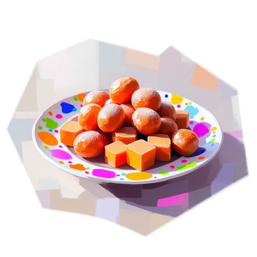 A vibrant patterned plate holds a selection of sweet tamarind snacks, showcasing various shapes and sizes. The tamarind snacks are a rich brown color, with some pieces rolled and coated in sugar, while others are in small blocks. The plate features intricate designs with bright colors, adding to the overall appeal of the presentation. The background is a soft, neutral color that enhances the vibrancy of the plate and the tamarind snacks.