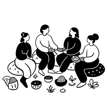 A group of women sitting together on colorful cushions, each applying intricate "mehendi" designs on each other's hands. One woman is carefully drawing detailed patterns with a "mehendi" cone while another is holding her hand still. Various decorative trays filled with "mehendi" cones and small bowls of natural ingredients are placed around them. Colorful fabrics drape around the scene, and decorative elements such as flowers and traditional ornaments enhance the festive atmosphere. The focus is on the hands adorned with elaborate "mehendi" designs.