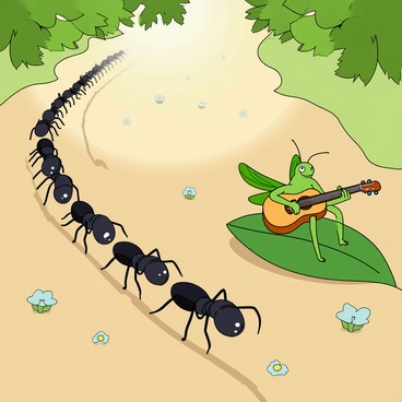 A line of hardworking ants, each carrying small morsels of food, marches along a thin trail on the ground. The ants have black bodies with shiny exoskeletons and are focused on their task. Nearby, a carefree grasshopper sits on a leaf, strumming a tiny, colorful guitar. The grasshopper has bright green wings and a cheerful expression, with its antennae perked up as it plays music. Sunlight filters through the leaves above, creating dappled patterns on the ground, highlighting the busy ants and the relaxed grasshopper. Small flowers bloom around them, adding touches of color to the scene.