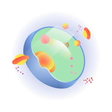 A large cell in the center is depicted in a smooth, soft gradient illustrating various shades of blue and green. Multiple small vesicles, highlighted in bright orange and yellow, are seen merging with the cell membrane. The vesicles have rounded shapes with glowing edges, and some are in the process of releasing small, colorful particles into the surrounding space. These particles are represented as tiny, vibrant dots in pink, purple, and red scattered around the cell. The background features a subtle gradient that transitions from light lavender at the top to a deeper indigo at the bottom, creating a gentle atmosphere around the process of exocytosis.