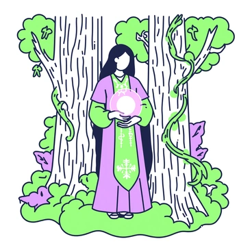 A sorceress is positioned among the trees of a dense forest, her form partially blending into the bark and foliage. She has long, flowing hair that cascades down her back, resembling the colors of the forest around her. She wears a flowing robe adorned with intricate patterns that mimic the shapes of leaves and branches. In her hands, she cradles a glowing orb of light, casting a soft illumination on her surroundings. The trees tower above her, their trunks thick and gnarled, with vines hanging down. Small, ethereal creatures can be seen peeking out from behind the trees, adding to the magical atmosphere of the scene.