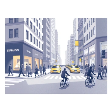 A bustling New York street scene in the morning. The street is filled with pedestrians moving in various directions, some carrying coffee cups and briefcases. “Tiffany’s” is prominently displayed on a storefront, its iconic signage highly visible to passersby. Elegant window displays feature luxurious jewelry and accessories, catching the attention of onlookers. Yellow cabs are seen navigating the busy road, while tall buildings rise in the background, their architecture reflecting the morning light. Traffic lights change as cyclists maneuver through the crowd, creating a lively urban atmosphere.