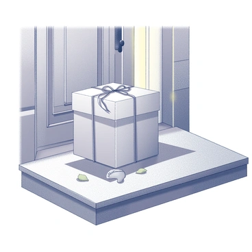 A small, neatly wrapped gift sits on a doorstep. The gift is adorned with a simple ribbon tied in a perfect bow. The doorstep is comprised of smooth, weathered stone, leading up to a wooden door with an iron handle. A few scattered leaves lie around the base, suggesting a recent breeze. The scene has an air of mystery, as the absence of any identifiable markings on the gift suggests it is from a "secret admirer." The warm glow of a nearby porch light casts gentle shadows, enhancing the intrigue of the moment.