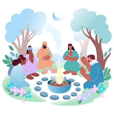 A group of shamans is gathered in a forest clearing, surrounded by tall trees. Each shaman is wearing traditional robes and holding various mystical herbs in their hands. In the center of the clearing, there is a circular arrangement of stones. The ground is covered in lush greenery and colorful flowers. Smoke is rising from a small fire in the middle of the stone circle, creating an ethereal atmosphere. The shamans are focused on a large bowl filled with a mixture of herbs, which is placed on a wooden altar nearby. Above them, a crescent moon is shining through the trees, illuminating the scene.