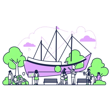 The RRS Discovery ship is docked at Discovery Point, displaying its impressive hull and masts. The ship is surrounded by tourists, some taking pictures while others read informational plaques. A family is seen pointing toward the ship, fascinated by its design. In the background, there are several trees and benches where other visitors are seated, enjoying their time. The sky is clear, and a few clouds drift by above the scene. A small group of tourists is gathered near a nearby information kiosk, discussing the ship's history.