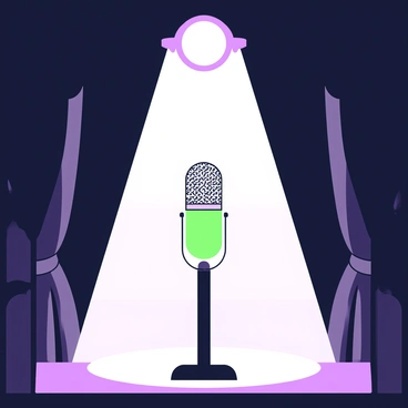 A microphone is positioned on a stage, standing alone at the center. The microphone features a shiny metallic finish and is mounted on a sleek black stand. Above it, a single spotlight beams down, illuminating the microphone with a bright circular light. The surrounding stage is dark, creating a stark contrast with the illuminated microphone. The floor of the stage is polished, reflecting the light subtly. In the background, there are faint shadows of curtains hanging softly, framing the scene.