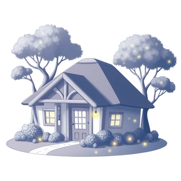 A cozy cottage belonging to elves, with flowers and sparkling lights adorning the entrance of a fantasy forest.