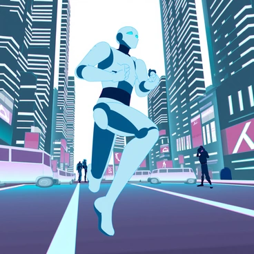 A futuristic robot running through a city street, ignoring traffic signals