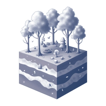 A detailed cross-section of a forest showcasing various ecological layers. The uppermost layer features a dense canopy of leaves, with sunlight filtering through the branches. Below the canopy, the understory consists of smaller trees and shrubs, some with broad leaves, providing shelter for wildlife. The forest floor is rich with layers of decomposing leaves, mushrooms, and small plants, supported by a variety of roots from above. Various animals can be seen in each layer: birds perched in the canopy, insects crawling on the understory, and small mammals foraging on the forest floor. Small patches of sunlight illuminate different sections, emphasizing the diversity within these layers.