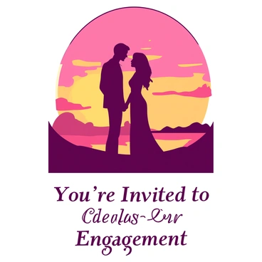 An engagement party invitation features a romantic sunset with a gradient of colors in the sky, blending into a warm warm hue. In the foreground, a silhouetted couple stands closely together, their figures outlined against the vibrant backdrop. The couple is holding hands, with the man slightly leaning towards the woman, creating an intimate pose. Below them, elegant text reads, "You're Invited to Celebrate Our Engagement." The overall composition evokes a serene and loving atmosphere, perfect for this special occasion.