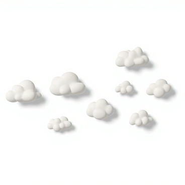 A series of fluffy white clouds scattered across a plain white background