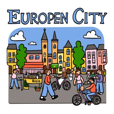 A retro-style travel poster featuring a bustling European city. The scene is lively, showcasing a sunlit square filled with people walking and chatting. There are street vendors with colorful stalls selling food and souvenirs. In the background, there are tall, ornate buildings with balconies and flowers. A few bicycles are parked nearby, and someone is sitting at a café table with a coffee, enjoying the atmosphere. The sky is bright blue with a few fluffy clouds, creating a cheerful ambiance. The title of the city is displayed in bold, vintage lettering at the top.