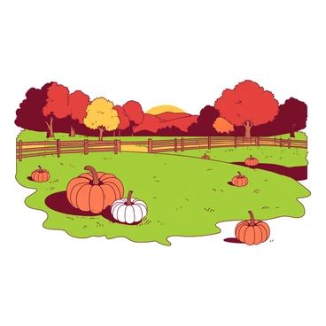 A duotone illustration features a farm field in autumn, with a background of trees displaying vibrant fall colors in hues of red and orange. The ground is filled with scattered pumpkins of various sizes, some resting on the lush green grass and others partially buried in the soil. The sky above is clear, casting a warm light over the scene, enhancing the rich colors of the landscape. In the distance, a rustic wooden fence runs along the edge of the field, adding to the rural charm of the autumn setting.