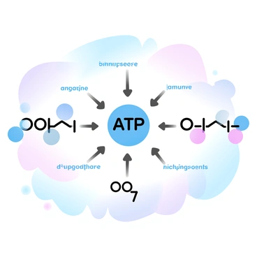 An illustrated diagram showing the structure of "ATP molecules" with vibrant colors. The diagram features a large central "adenosine" molecule, connected to three "phosphate" groups. Each phosphate group is labeled clearly and colored differently to enhance distinction. The overall layout is organized, with arrows indicating high-energy bonds between the phosphate groups. The background includes a gradient of pastel colors to create a visually appealing educational tool.