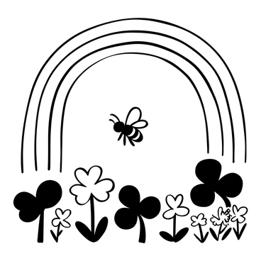 A honeybee in mid-flight, with detailed wings outstretched, is positioned just below a large, arching rainbow that displays distinct arcs. The scene is filled with clover plants scattered across the ground, featuring distinct, rounded leaves and small, white flowers. The clover is richly detailed, creating a lush green ground, while the vibrant bands of the rainbow stretch above, adding an element of contrast to the natural setting.