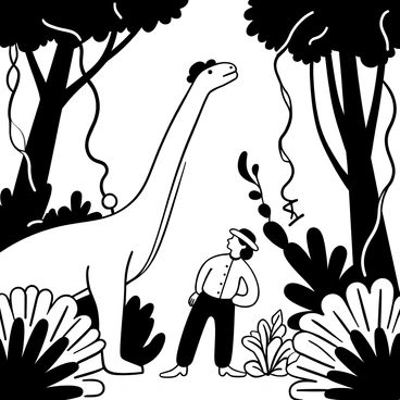 A man in a long coat and hat stands with an expression of wonder, looking up at a large dinosaur that appears approachable and gentle. The dinosaur has a long neck and a broad body, surrounded by lush ferns and towering trees typical of a prehistoric jungle. Thick vines drape from the branches above, and large leaves create a dense canopy. Sunlight filters through the foliage, casting intricate shadows on the ground. The scene is rich with details of ancient plants, creating a vivid sense of the ancient environment.