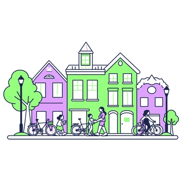 A street scene featuring several buildings with varying architectural styles. The buildings are adorned with intricate details and have a mix of green and purple outlines. People of diverse appearances are walking along the sidewalk, some chatting with each other while others are looking at their phones. A few bicycles are leaning against lampposts, with detailed features like handlebars and baskets. The street is lined with trees, and a soft pathway is visible beneath the feet of the pedestrians.