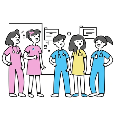 A group of healthcare workers, all wearing colorful scrubs, stands together in a hospital hallway. They are diverse in gender and ethnicity, conveying a sense of unity and teamwork. Each person is equipped with essential medical tools, such as stethoscopes around their necks. They are engaged in conversation, displaying expressions of determination and focus. The background features medical charts and equipment, emphasizing their environment as a healthcare setting.