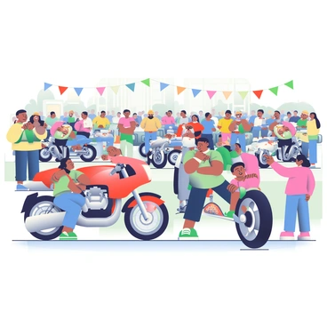 A motorcycle show is taking place in a large, open area filled with a diverse array of motorcycles. There are sleek racing bikes with shiny chrome accents, rugged off-road motorcycles with knobby tires, and classic vintage bikes with retro designs. Enthusiastic onlookers, consisting of men and women of various ages, are gathered around the bikes, some taking pictures and others chatting excitedly. A couple of children are pointing at a bright red motorcycle with a large engine. Colorful banners flutter in the background, adding to the vibrant atmosphere of the event.