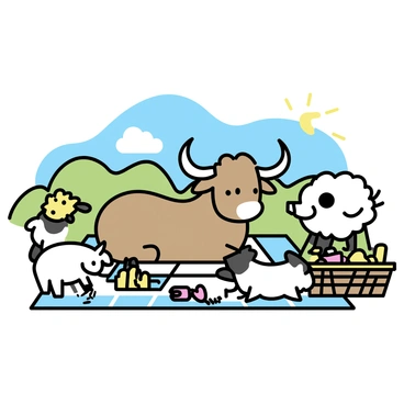 A brown Nandi bull, with large curved horns and a shiny coat, is lying on a checkered picnic blanket in a sunny meadow. Surrounding the Nandi are various farm animals, including a white sheep with fluffy wool, a black-and-white spotted pig, and a few playful chickens pecking at the ground. A wicker picnic basket filled with colorful fruits and sandwiches sits nearby. In the background, there are gentle rolling hills and a clear blue sky with a few fluffy clouds. The atmosphere is lively and cheerful, capturing the essence of a joyful picnic.