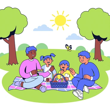 A family is gathered on a checkered picnic blanket in a lush green park. There are four members: a father smiling, a mother holding a sandwich, a young girl with pigtails, and a teenage boy laughing. In front of them, there is a picnic basket filled with fruits and snacks. The sun is shining brightly, casting soft shadows on the grass. Tall trees surround the area, providing a sense of tranquility. In the background, a few butterflies flutter around.