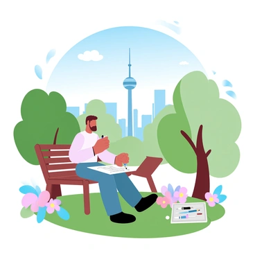 An artist is seated on a wooden bench in a lush green park, with a sketchbook resting on their lap. The artist has a pencil in hand, focused on sketching the "CN Tower" that rises prominently in the background. The tower stands tall against a clear blue sky, its iconic shape unmistakable. Surrounding the tower are trees with vibrant green leaves, while colorful flowers bloom at the artist's feet. A few fluffy clouds drift lazily in the sky, adding depth to the scene. The artist's materials, including a set of pencils and a small eraser, are neatly arranged beside them on the bench.