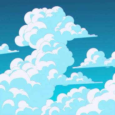 A vibrant sky filled with fluffy, white clouds that are forming intricate, complex fractal-like shapes. The clouds are illuminated by the sunlight, highlighting their textures and curves as they drift slowly. Some clouds twist and spiral, while others create sharp angles, resembling mathematical patterns in motion. The background features a deep blue sky, adding contrast to the ethereal formations.