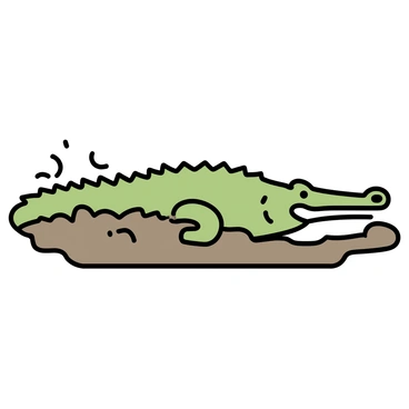 A crocodile, with rough green scales and a long snout, is basking on a muddy riverbank. Its body is partially submerged in the water, with ripples indicating movement. The riverbank consists of brown mud and patches of grass. The water surrounding the crocodile is murky, reflecting a hint of green from the surrounding environment.