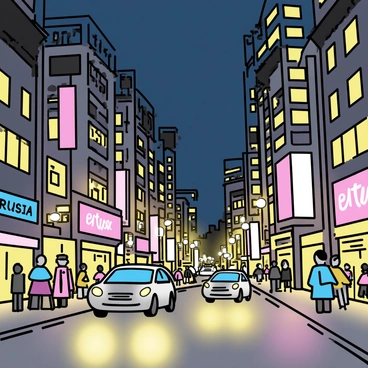 A bustling city at night, filled with tall buildings and busy streets. The streetlights cast a warm golden glow on the pavement. Colorful neon signs illuminate the surroundings, displaying various advertisements and names of shops. Cars are moving along the roads, their headlights creating streaks of light. Pedestrians are walking on the sidewalks, some stopping to look at the vibrant displays. In the background, the skyline is dotted with windows reflecting the bright lights.
