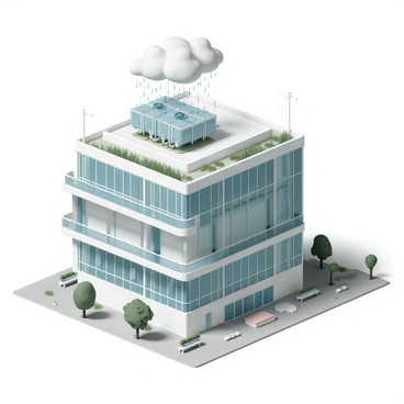 A modern city building with a sleek, glass exterior and a green rooftop garden. The structure features a rainwater collection system, prominently displayed, with large, clear gutters directing rainwater into a series of transparent storage tanks located on a balcony. The tanks are filled with collected rainwater, and the system includes visible pipes and filtration elements. Surrounding the building, there are trees and shrubs, with sidewalks and benches, showcasing a blend of urban life and sustainable design. The sky above is overcast, indicating a recent rain, emphasizing the functionality of the rainwater collection system.