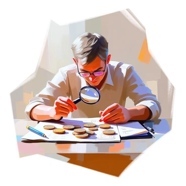 A close-up view of several ancient coins spread out on a wooden table as an archaeologist examines them. The coins feature intricate designs and markings, showcasing their historical significance. The archaeologist, a middle-aged individual with short brown hair, is wearing a beige shirt and glasses. They hold a magnifying glass over one of the coins, carefully studying its details. A notepad and pencil are nearby, showing notes and sketches related to the coins. Soft daylight illuminates the scene, enhancing the textures of the coins and the focused expression on the archaeologist's face.