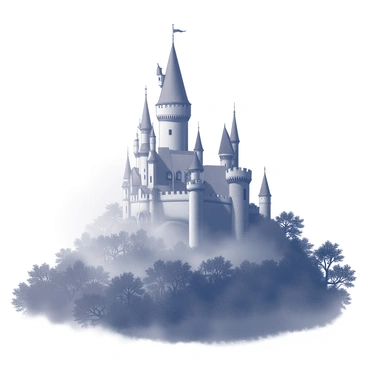A large castle sits prominently on top of a hill. The castle features tall, pointed towers with flags fluttering at their peaks. Surrounding the castle is a thick layer of mist that partially obscures its lower levels, giving it a mysterious appearance. The hill slopes down gently into a forest that is densely packed with trees. The trees in the forest have twisted trunks and sprawling branches, creating a magical atmosphere. The entire scene conveys a sense of enchantment and wonder.