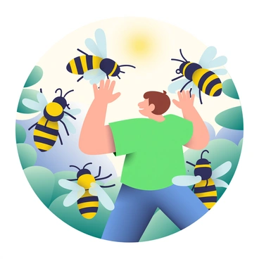 A group of hornets with black and yellow stripes is swarming aggressively around an intruder. The hornets are in mid-flight, with their wings spread wide, creating a dynamic and chaotic scene. The intruder, a person with short brown hair wearing a green shirt, looks startled and is raising their arms defensively. The background features a vibrant mix of green foliage, with the sun filtering through the leaves, casting dappled light on the scene. The hornets' antennae are visibly moving, highlighting their alertness and readiness to defend their territory.